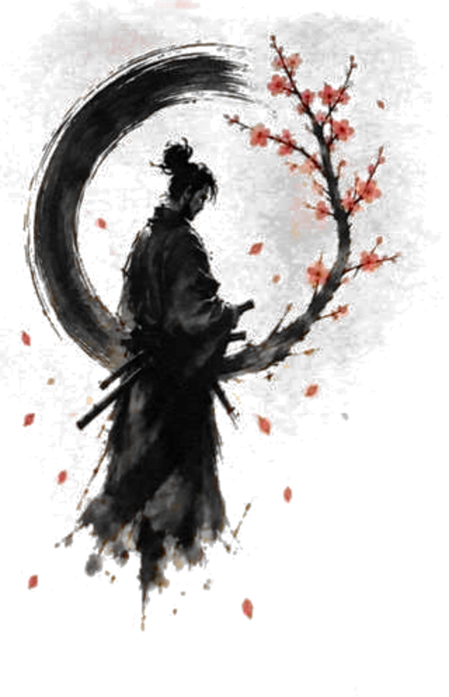 The back design — samurai within an ensō, plum blossoms in red